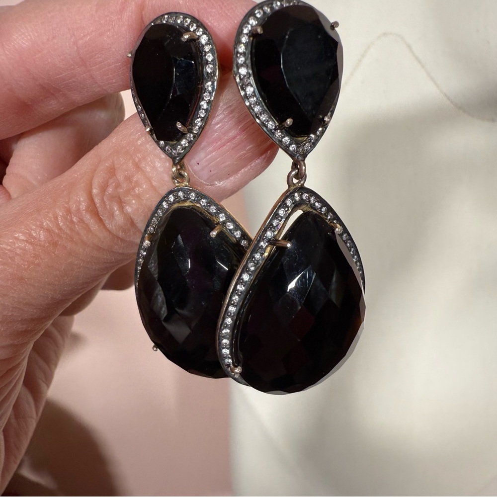 Sterling silver pear shape Black glass topaz halo oversized dangle earrings - Picture 10 of 15